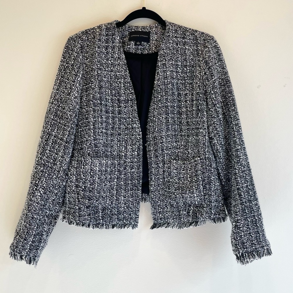 Adrienne Vittadini Textured Open Front Tweed Blazer Black White Fringe L